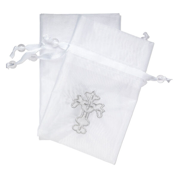 Pouch, satin / organza / acrylic, silver / clear / white, 4-3/4  x 3-1/4 inch rectangle with embroidered cross and drawstring closure with 8mm round bead. Sold per pkg of 2. image number 0