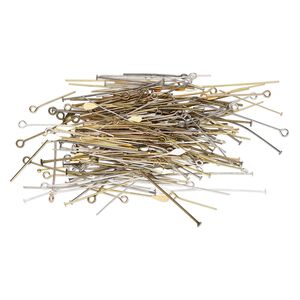 Head pin and eye pin mix, brass / steel / pewter (tin-based alloy), multi-finished, 3/4 to 1-1/2 inches, 18-26 gauge. Sold per 25-gram pkg, approximately 150 findings.