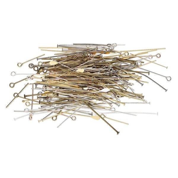Head pin and eye pin mix, brass / steel / pewter (tin-based alloy), multi-finished, 3/4 to 1-1/2 inches, 18-26 gauge. Sold per 25-gram pkg, approximately 150 findings. image number 0