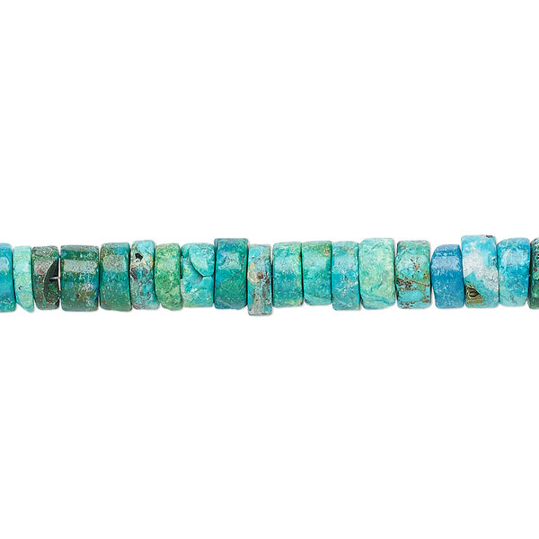 Bead, chrysocolla (dyed / stabilized), blue / green / white, 4x1mm-6x3mm hand-cut rondelle, B grade, Mohs hardness 2 to 4. Sold per 8-inch strand, approximately 70-80 beads. image number 0