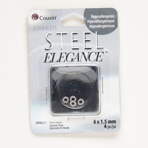 Bead, silver-finished stainless steel, 6x1.5mm beaded rondelle with 3mm hole. Sold per pkg of 4.