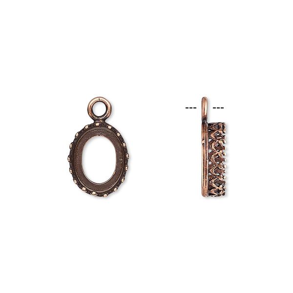 Drop, JBB Findings, antique copper-plated brass, 11.5x9mm oval with open back and decorative trim, 10x8mm oval bezel setting. Sold per pkg of 2. image number 0