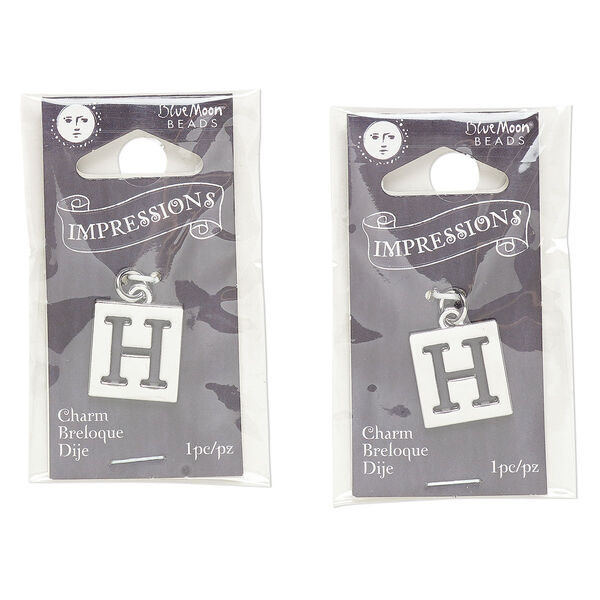 Drop, silver-finished "pewter" (zinc-based alloy) and steel, 16x15mm square with cutout alphabet letter "H." Sold per pkg of 2. image number 0