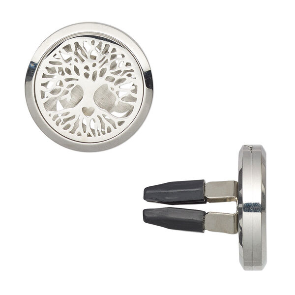 Gift, car vent clip, stainless steel and plastic, black, 30x29mm hinged round with cutout tree of life design and 4 prongs. Sold individually. image number 0