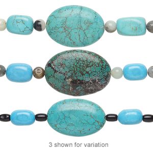 Bead mix, "turquoise" (imitation) resin / multi-gemstone (natural / dyed / heated / irradiated) / glass, blue / blue-green / forest green, 6mm-34x24mm mixed shape. Sold per pkg of 7.