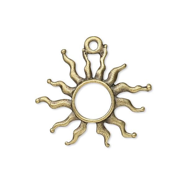 Charm, antique brass-plated "pewter" (zinc-based alloy), 27x24mm fancy sun. Sold per pkg of 10. image number 0