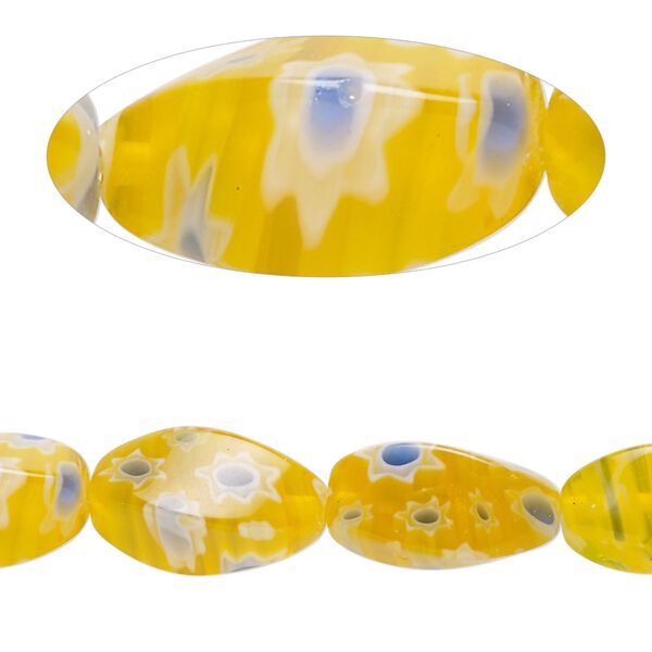 Bead, millefiori glass, translucent golden yellow / blue / white, 15x7mm-16x9mm 4-sided twisted oval. Sold per 14-inch strand. image number 0