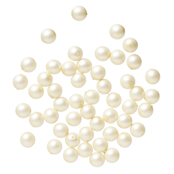 Bead, Czech pearl-coated glass druk 1pkg50, opaque matte cream, 8mm round. image number 1