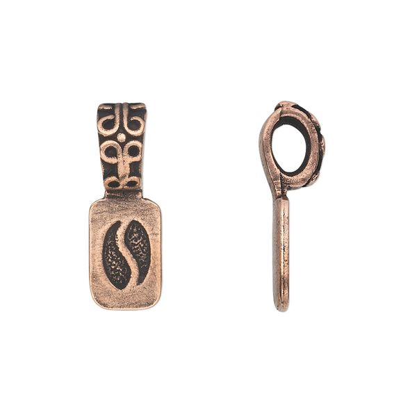 Bail, glue-on, antique copper-plated pewter (tin-based alloy), 22x8mm with 12x8mm rectangle flat base and decorative design. Sold per pkg of 2. image number 0