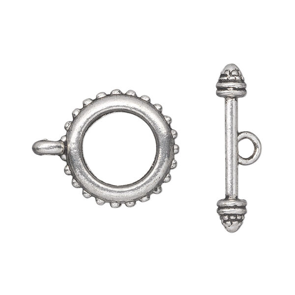 Clasp, toggle, antique silver-plated "pewter" (zinc-based alloy), 18mm double-sided beaded round. Sold per pkg of 10. image number 0