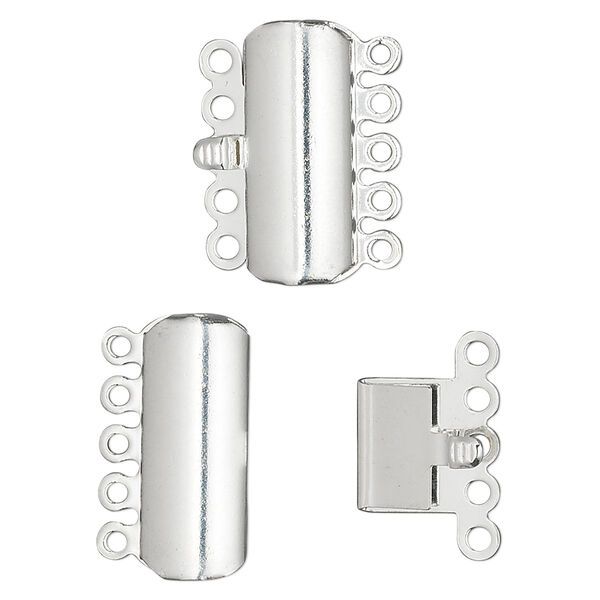 Clasp, 5-strand tab, silver-plated brass, 19x8mm curved rectangle. Sold per pkg of 10. image number 0