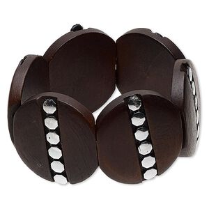 Bracelet, stretch, stained wood and silver-coated plastic, dark brown, 40mm round, 7 inches. Sold individually.