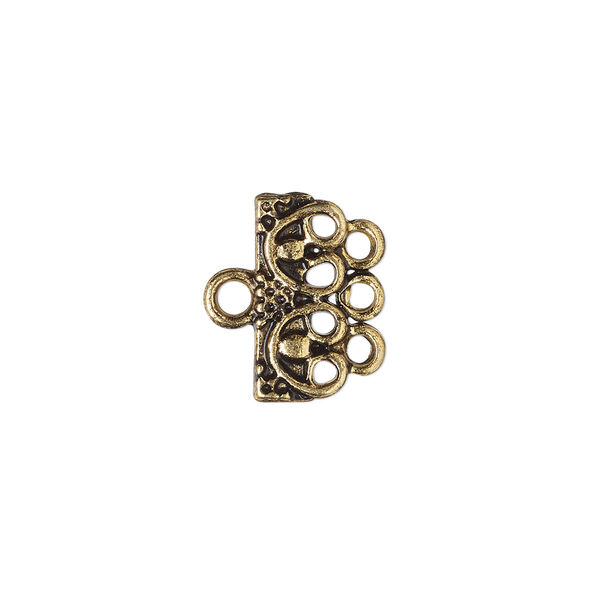 End bar, antique gold-finished "pewter" (zinc-based alloy), 16x7mm single-sided rectangle with beaded design and 3 loops. Sold per pkg of 12. image number 0