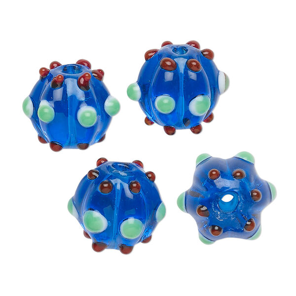Bead, lampworked glass, transparent blue / dark red / light green, 15x13mm fluted round. Sold per pkg of 4. image number 0