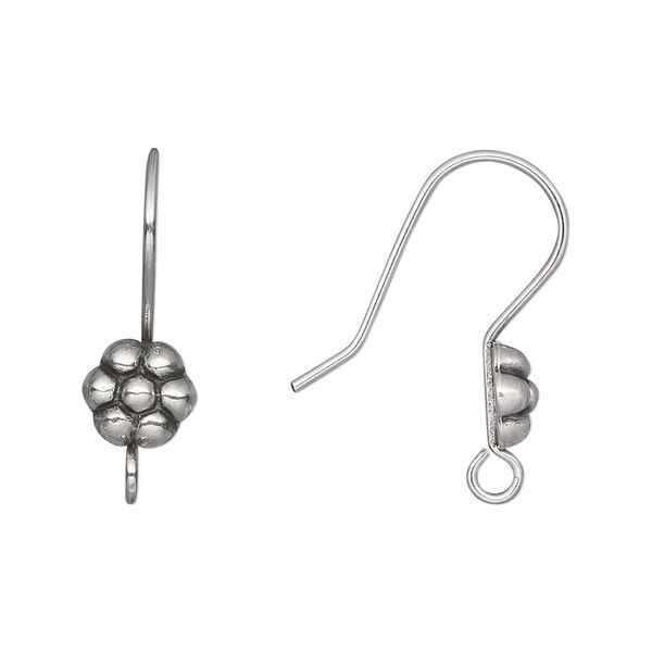 Ear wire, antiqued sterling silver, 24mm fishhook with flower and open loop, 20 gauge. Sold per pair. image number 0