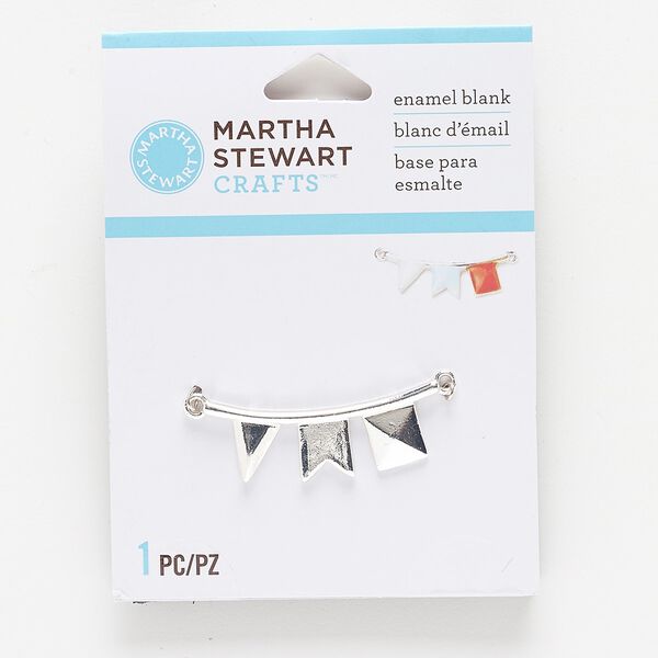 Focal, silver-finished "pewter" (zinc-based alloy), 35x12mm flags enamel blank. Sold individually. image number 0