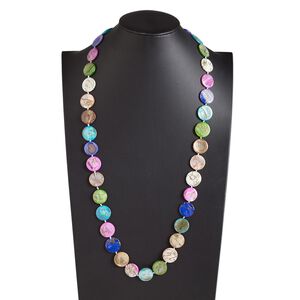 Necklace, mother-of-pearl shell (dyed / coated), multicolored AB, 20mm flat round, 34-inch knotted continuous loop. Sold individually.