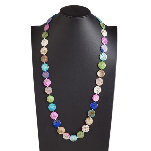 Necklace, mother-of-pearl shell (dyed / coated), multicolored AB, 20mm flat round, 34-inch knotted continuous loop. Sold individually. image number 0