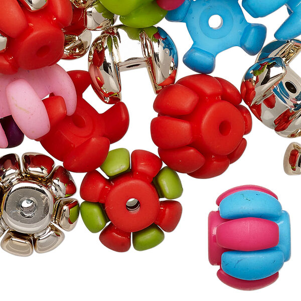 Bead mix, acrylic and rose gold-coated plastic, mixed colors, 15x10mm and 15x12mm interlocking round. Sold per pkg of 90. image number 0