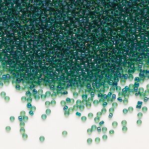 Seed bead, Miyuki, glass, pkg/250g, #15 rocaille, translucent dark blue-lined luster green (RR-332).