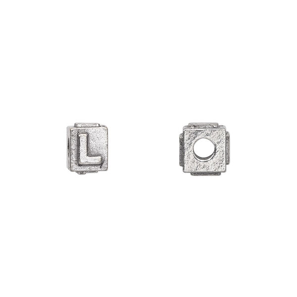 Bead, antiqued pewter (tin-based alloy), 8x6mm rectangle with alphabet letter "L". Sold per pkg of 4. image number 0