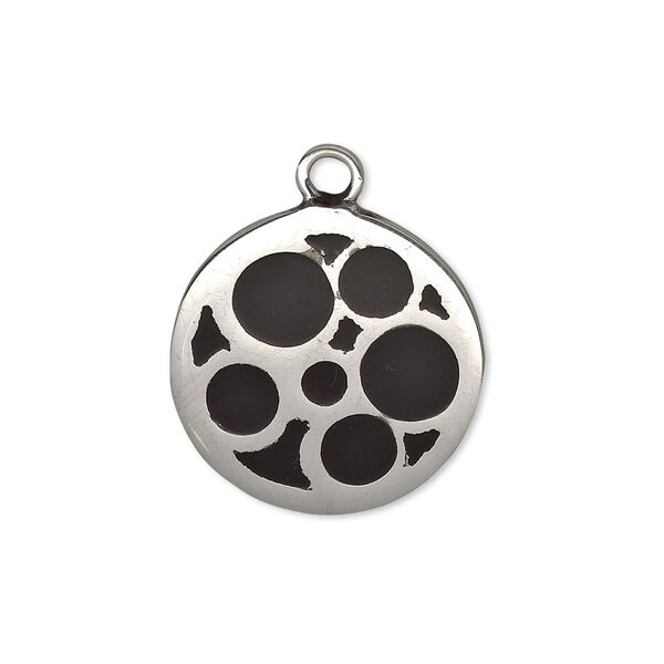 Drop, resin and aluminum, black, 21mm double-sided round with cutout circle design. Sold individually. image number 0