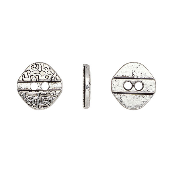 Button, antiqued silver-finished "pewter" (zinc-based alloy), 12x11.5mm single-sided textured flat diamond. Sold per pkg of 50. image number 0