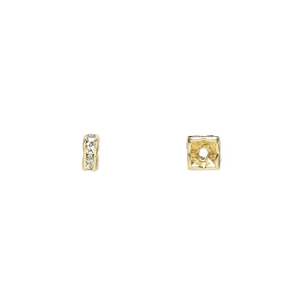 Bead, glass rhinestone and gold-finished brass, clear, 4x2mm squaredelle. Sold per pkg of 10. image number 0