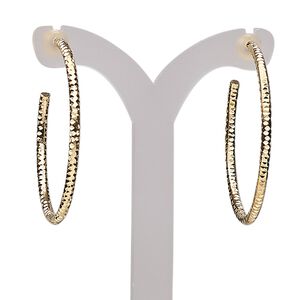 Earring, gold-plated brass, 32mm textured round hoop. Sold per pair.