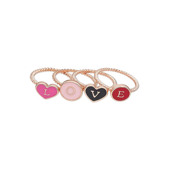 Ring, enamel and copper-finished "pewter" (zinc-based alloy), assorted colors, 8-10mm wide with round and "L," "O," "V" and "E," size 8. Sold per 4-piece set. image number 0