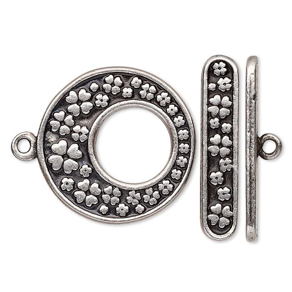 Clasp, toggle, antiqued silver-plated pewter (tin-based alloy), 24.5mm go-go with 4-leaf clover design. Sold individually. image number 0