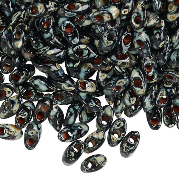 Seed bead, Miyuki, glass, pkg/10g, 7x4mm long magatama, opaque Picasso black (LMA-4511). image number 0