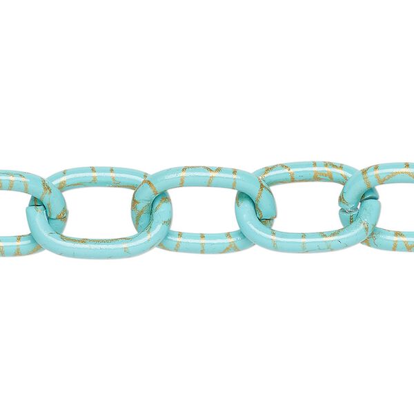Chain, aluminum, crackled turquoise blue and gold, 12mm cable. Sold per pkg of 24 inches. image number 0