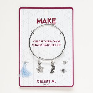 Bracelet and charm assortment, antique silver-finished brass / fabric / glass, light blue and clear, Celestial theme, 7-1/2 inches. Sold per 5-piece set.