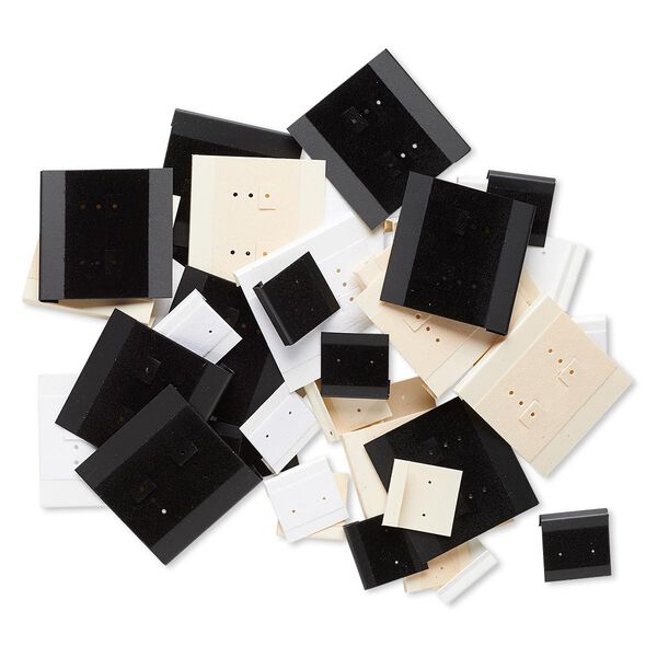 Earring card mix, flocked acrylic, matte black / cream / off-white, 1x1-inch and 2x2-inch square. Sold per pkg of 50. image number 0