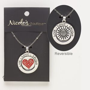 Necklace, glass / antique silver-finished "pewter" (zinc-based alloy) / silver-finished steel, red, 24mm round with "LIVE LOVE LAUGH" and two-sided swivel with heart and sun design. 24 inches with 2-inch extender chain and lobster claw clasp. Sold individually.
