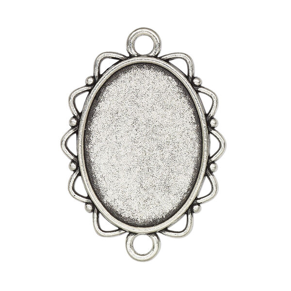 Link, glue-in, antique silver-finished "pewter" (zinc-based alloy), 28x25mm single-sided fancy oval with 25x18mm oval setting. Sold per pkg of 2. image number 0