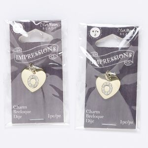 Charm, gold-finished "pewter" (zinc-based alloy) / steel / acrylic rhinestone, clear, 15.5mm single-sided puffed heart with letter "O." Sold per pkg of 2.