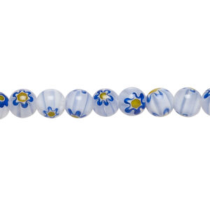 Bead, millefiori glass 1pkg1, translucent white / blue / golden yellow, 6mm round, 15 inches.