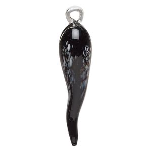 Pendant, lampworked glass, clear / opaque black / white with copper-colored foil, 59x15mm chili pepper. Sold individually.