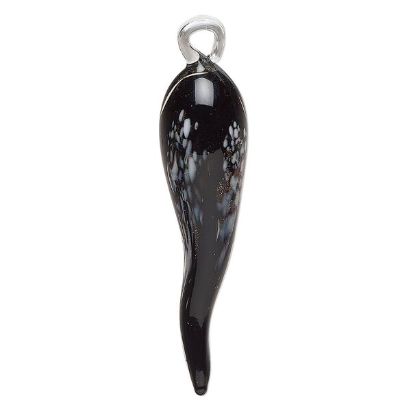 Pendant, lampworked glass, clear / opaque black / white with copper-colored foil, 59x15mm chili pepper. Sold individually. image number 0