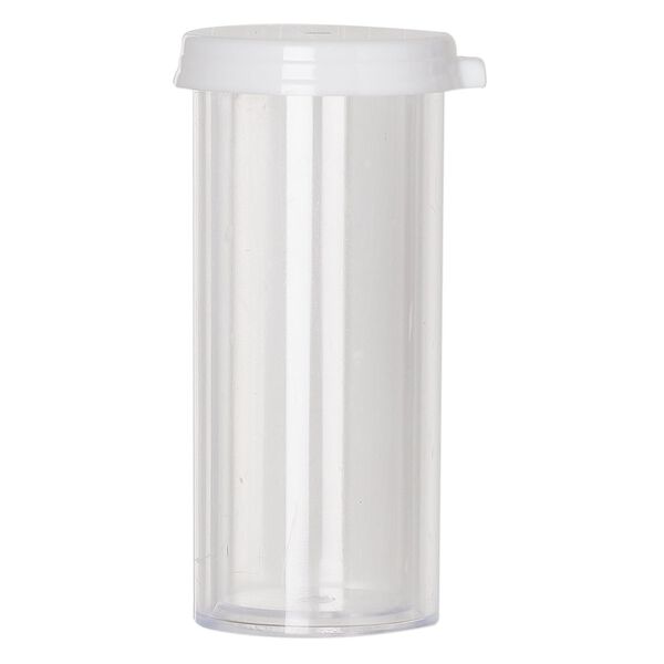 Vial, polystyrene and plastic, clear and white, 2x1-inch medium vial with snap on cap. Sold per pkg of 6. image number 1