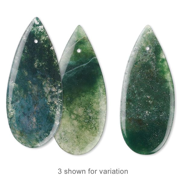 Focal, moss agate (natural), 46x20x4mm flat teardrop, B grade, Mohs hardness 6-1/2 to 7. Sold individually. image number 0
