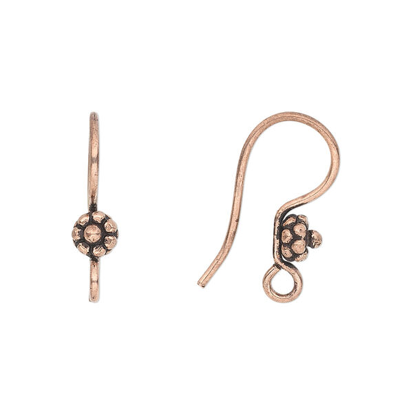 Ear wire, antique copper-plated copper, 20mm fishhook with 5mm beaded flat round and open loop, 18 gauge. Sold per pkg of 10 pairs. image number 0