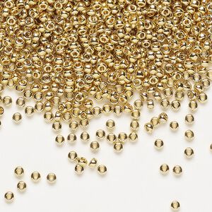 Seed bead, Miyuki, glass, pkg/4g, #11 rocaille, opaque 24Kt gold-plated light, (RR-193).