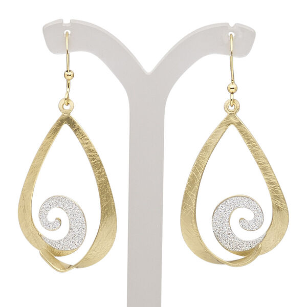 Earring, gold-finished brass and steel, silver with glitter, 2 inches with scratched open teardrop and swirl with fishhook ear wire. Sold per pair. image number 0