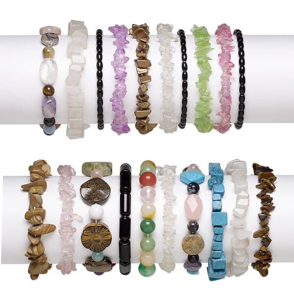Bracelet mix, stretch, multi-gemstone (natural / dyed / imitation / assembled) and glass, multicolored, 6x1mm-35x25mm mixed shape, 6-7 inches. Sold per pkg of 50. image number 0