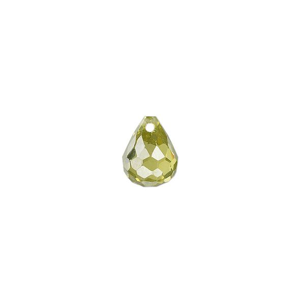 Bead, cubic zirconia, peridot green, 10x8mm top-drilled faceted teardrop, Mohs hardness 8-1/2. Sold per pkg of 2. image number 0