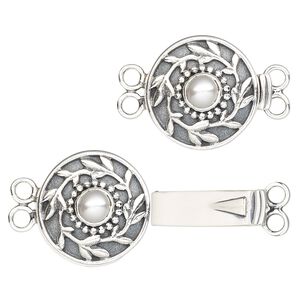 Clasp tab 1pkg1 sterling silver / cultured freshwater pearl, 17mm round / 5mm round cab, antiqued 2-strand