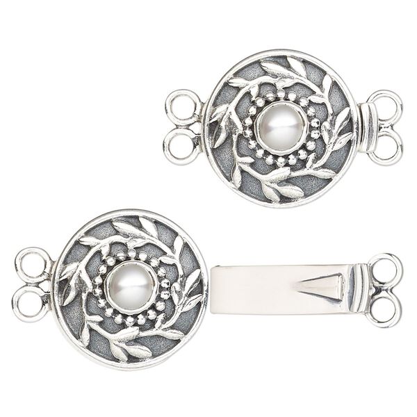 Clasp, 2-strand tab, cultured freshwater pearl (bleached) and antiqued sterling silver, white, 17mm round with 5mm round. Sold individually. image number 0